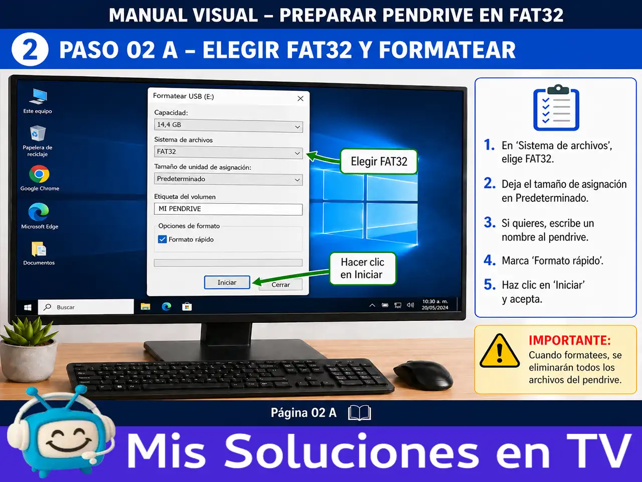 Paso 2 para elegir FAT32 y formatear el pendrive USB