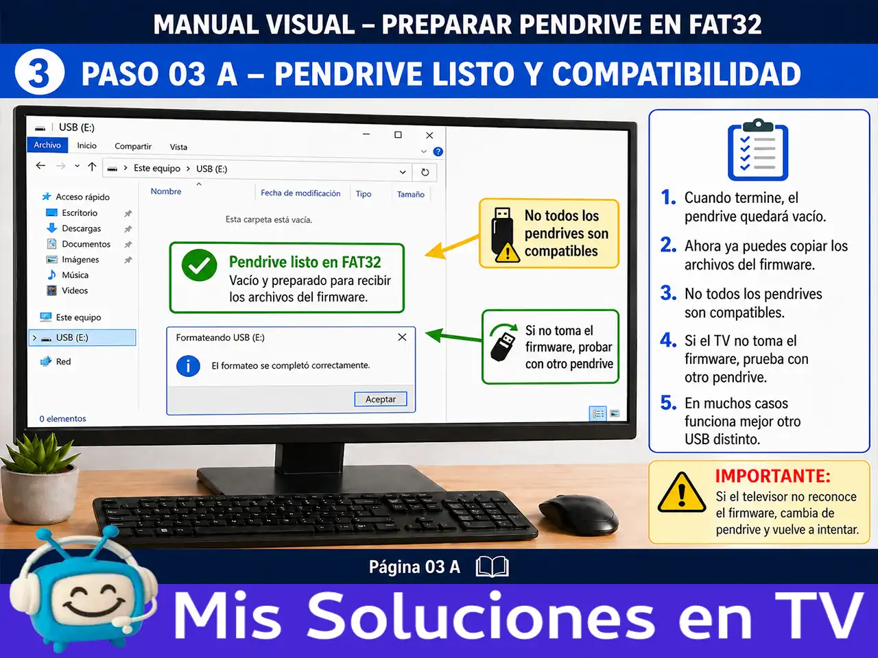 Paso 3 pendrive listo en FAT32 y compatibilidad con televisores